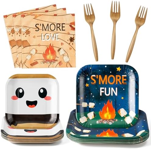 96Pcs S’Mores Camping Party Plates Supplies - S’More Love Fun Party Tableware Decorations Campfire Disposable Paper Plates Napkin Fork for Kid Camper Christmas Birthday Baby Shower, Serves 24