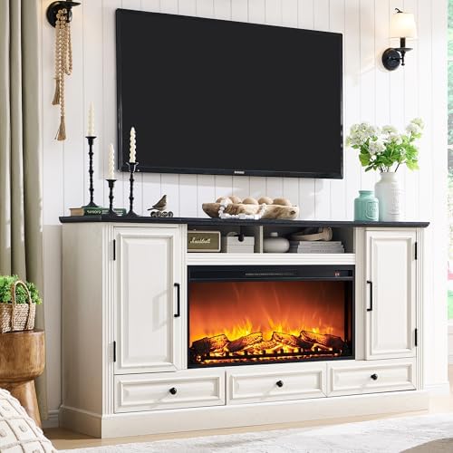 ACCOHOHO Fireplace TV Stand for 80 Inch TV, 35.7" Tall Farmhouse Entertainment Center W/36'' Electric Fireplace, Media Console with Large Storage Cabinets and Drawers for Living Room, Antique White