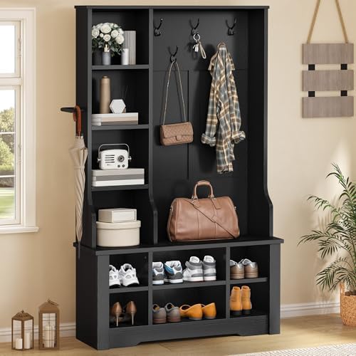DWVO 39" Hall Tree with Bench and Shoe Storage, 6 Shoe Cubbies & 5 Coat Hooks, 4 Side Storage Cubbies, Entryway Bench with Coat Rack for Entryway Hallway Bedchamber Narrow, Adjustable Shelf (Black)