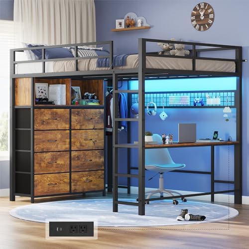 ADORNEVE Full Size Loft Bed with Desk and 8 Storage Drawers, LED Metal Loft Bed with Power Outlet, 2 Shelves & Clothing Rack, Bed with Safety Guardrail & Ladder,Space-Saving, Rustic Brown