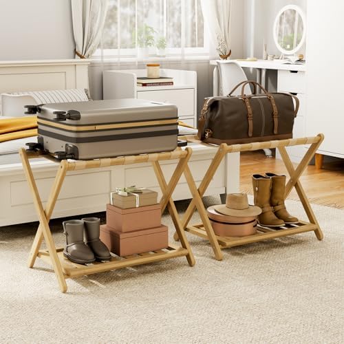 Fully Assembled Luggage Racks Pack of 2, Bamboo 26.77" Folding Luggage Rack Stand for Guest Room, 5 Nylon Straps, Suitcase Stand with Storage Shelf for Bedroom Hotel, Heavy Duty, Natural