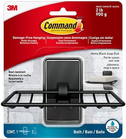 Command Soap Dish for Shower, Damage-Free Hanging Bathroom Organization, No Tools Bar Soap Holder, 1 Matte Black Dish and 2 Water-Resistant Command Strips