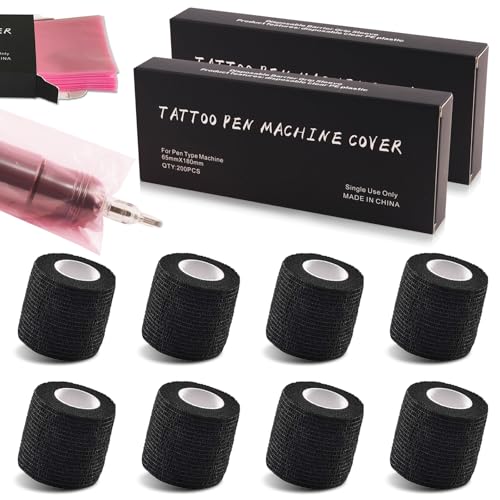Emalla Pink Large Machine Covers and Tattoo Grip Tape, 400Pcs Machine Covers with 8Pcs Grip Wrap Kit 2.5''×7.1'' Pen Sleeves Self Cohesive Grip Wrap Elastic Tape Tattoo Supplies
