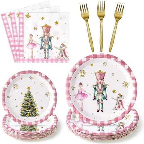 96Pcs Christmas Nutcracker Party Plate Supplies - Xmas Tree Ballet King Soldier Party Tableware Decoration Disposable Paper Plate Napkin Fork for Kid Winter Holiday Birthday, Serves 24 Guests