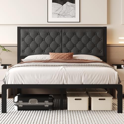 Queen Bed Frame with Headboard Linen Upholstered Bed Frame Platform,All Metal Slats Support Platform Bed Frame with Storage Space,Easy Assembly,Noise Free,No Box Spring Needed,Grey