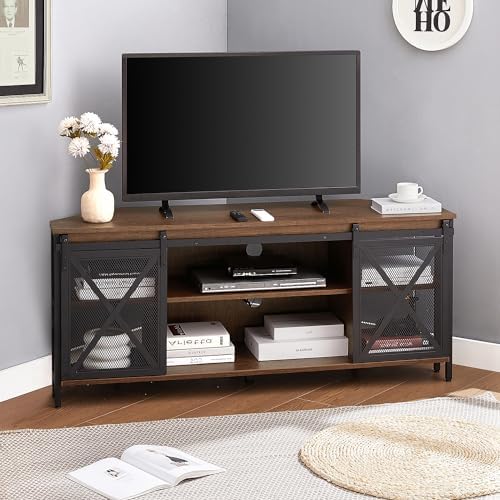 HOMISSUE Corner TV Stand for 55 Inch TV, Rustic Corner Entertainment Center with Storage, Industrial Media Console Table with Sliding Barn Door, Entertainment Center for Living Room, Brown
