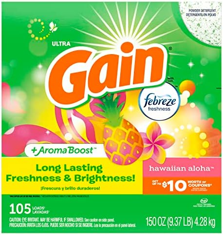 Gain Powder Laundry Detergent for Regular and HE Washers, Hawaiian Aloha Scent, 150 ounces, 105 loads