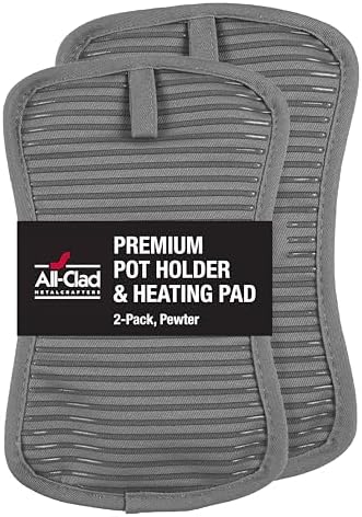 All-Clad Premium Pot Holder & Heating Pad, (2-Pack) Heat Resistant to 500 Degrees, 100% Cotton 10"x6.25" for Kitchen and Barbeque, Pewter