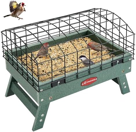 Kingsyard Squirrel Proof Ground Bird Feeder for Outdoors - Recycled Plastic Platform Feeding Station, Fly-Through Metal Caged Wild Bird Feeder for Small Birds, 5 LBS Large Capacity, Green