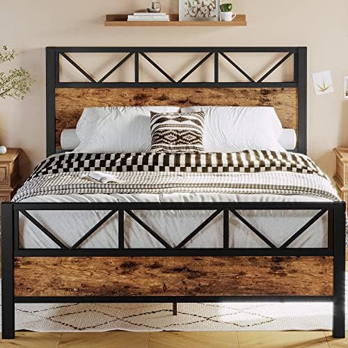 LIKIMIO Queen Bed Frame, Tall Industrial Headboard 51.2 ", Platform Bed Frame with Strong Metal Support, Solid and Stable, Noise Free, No Box Spring Needed, Easy Assembly, Vintage Brown
