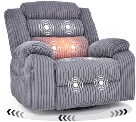 Power Swivel Rocker Recliner Chair for Adults with Massgae and Heat, USB and Type-C Charging Port, Infinite Position, Electric Glider Rocking Chairs for Living Room, Nursery, Grey