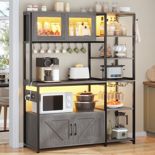 Itaar Bakers Rack with Power Outlet and LED Light, 45.3 Inch Farmhouse Coffee Bar Cabinet, Kitchen Microwave Stand with Storage, Glass Cabinet, Goblet Holder and 8 Hooks (Grey)
