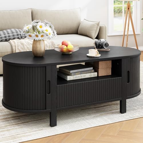 ONBRILL 47.2 Inch Oval Coffee Table with Storage, Mid Century Modern Coffee Table with Drawer, Center Table with Sliding Door and Wood Fluted Handle for Living Room, Black