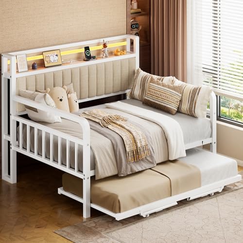 Daybed with Trundle and LED Light, Heavy Duty Metal Full Bed Frame with Upholstered Storage Headboard & Charging Station, Day Bed Pop Up Trundle Bed for Living Room,Bedroom and Guest Room, White