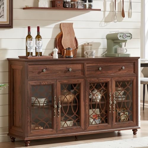 Farmhouse Sideboard Buffet Cabinet with Storage,59" Large Credenza with 4 Glass Doors & 2 Drawers,Adjustable Shelves Console Table,Wood Kitchen Coffee Bar for Dining Room,Living Room,Brown