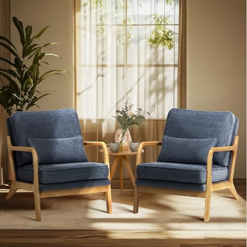 COLAMY Mid Century Modern Accent Chair Set of 2 with Lumbar Pillow, Relaxing Armchair with Solid Wood Frame & Soft Cushion, Reading Leisure Chair for Living Room(Blue)