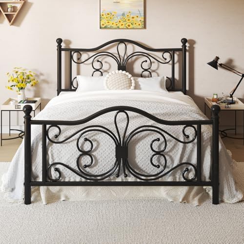 Queen Size Bed Frame/Metal Platform Bed Frame with Butterfly Pattern Design Headboard and Footboard/Strong Metal Slats Support/No Box Spring Needed/Easy Assembly/Noise-Free/Black
