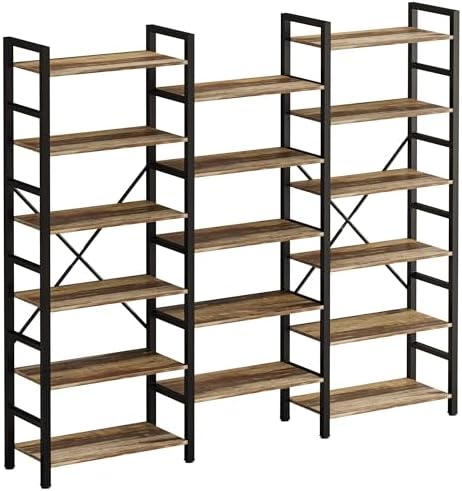 IRONCK Bookshelves 6 Tiers Triple Wide Industrial Bookshelf, Large Etagere Bookshelf Open Display Shelves with Metal Frame for Living Room Bedroom Home Office