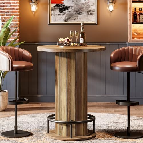 Tribesigns Round Bar Table, 39.4" H Wood Bistro Pub Table with Metal Ring Footrest for Dining Coffee Cocktail Living Room, Small Space, Brown(Only Table)