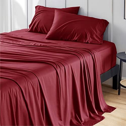 Bedsure Queen Sheet Set, Cooling Sheets for Queen Size Bed Set, Rayon Derived from Bamboo, Breathable & Soft Deep Pocket Up to 16 Inches, Hotel Luxury Silky Bedding, Bedsheet & Pillowcases, Burgundy