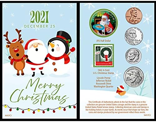 American Coin Treasures Santa Coin Year to Remember 2021 Christmas Card | Genuine United States JFK Colorized Half Dollar | First Christmas Stamp Ornament