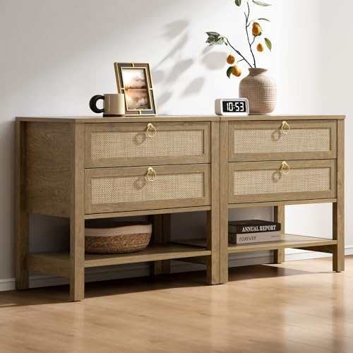 SICOTAS Night Stand Set of 2, Rattan Nightstand with Drawers and Storage Shelf - Boho Bedside Table Narrow Side Table for Bedroom, Small Space