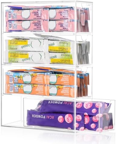 AIEVE Drink Packet Organizer, Drink Mix Holder with 4 Clear Drawers, Acrylic Water Flavor Packets Container, Kitchen Storage Organizers for Pantry Home Organization