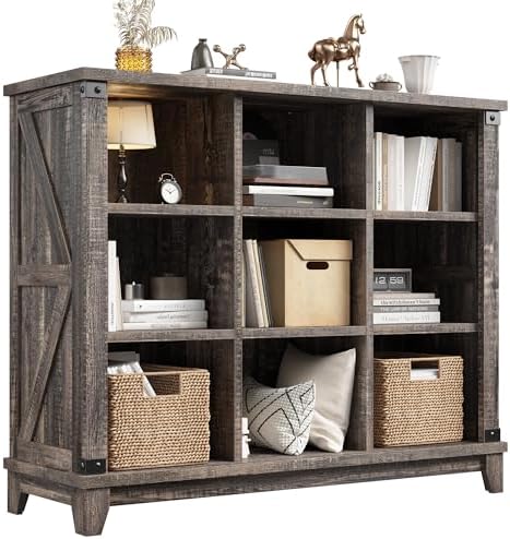 EnHomee 9 Cube Storage Organizer and Shelves, Cubby Storage Organizer, Bookshelves with Storage for Home and Bedroom, Black Oak