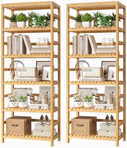 FOTOSOK 6-Tier Bamboo Shelf Set of 2, Bamboo Bookcase with Adjustable Shelves, Free Standing Storage Shelf Unit and Plant Flower Stand, Tall Large Bookshelf for Kitchen, Bathroom, Home Office, Natural