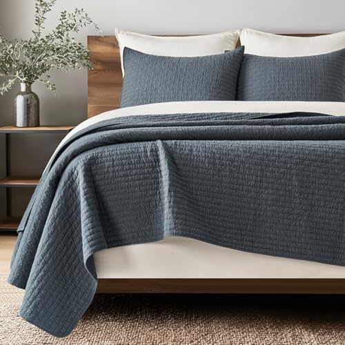 EVERGRACE Cross Stitch Pre-Washed Cotton Quilt Bedding Set King Size, Oversized 3 Pieces Lightweight Bedspread Coverlet for All Season, with 2 Matching Shams, Midnight Blue, 108"x96"