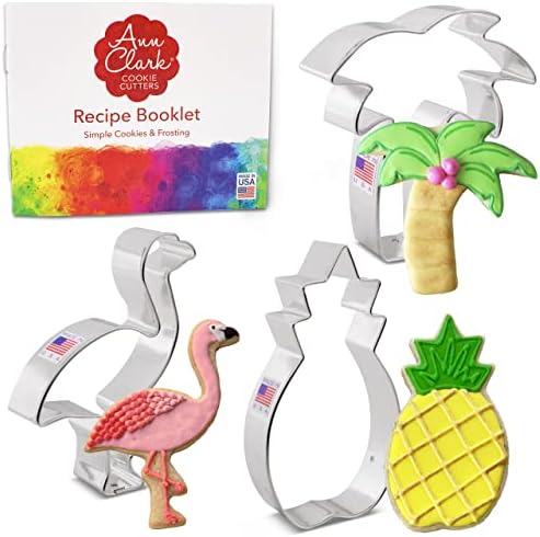 Ann Clark Cookie Cutters Tropical Hawaiian Cookie Cutters 3-Pc. Set Made in USA, Pineapple, Palm Tree, Flamingo