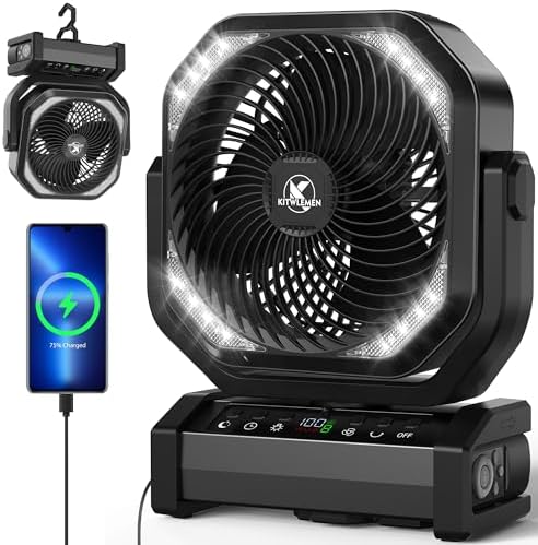 Camping Fan with Light - 20000mAh Rechargeable Battery Fan, 112Hrs Max Run Time, 8 Speeds, Digital Display, Timer, Auto Oscillation, 270Β° Pivot & Hook for Camping, Power Outage, Hurricane (Black)