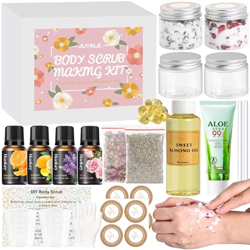 Body Scrub Making Kit- Make Your Own Salt Body Scrub with Almond Oil, Essential Oils, Moisturizing and Exfoliating Dry Skin, Hand, Foot, DIY Organic Body Scrubs Gifts For Women & Men