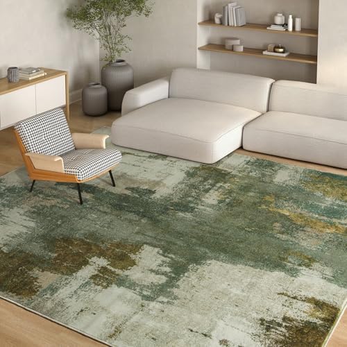 Kelarea Living Room Rug, 8x10 Rug Modern Abstract Washable Rugs Green Faux Wool Vintage Carpet, Non Slip Large Rugs for Bedroom, Dining Room, College Dorm, Home Office