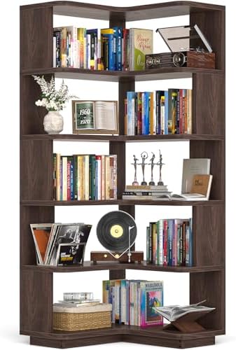 Armocity Corner Book Shelf - 6 Tier Corner Bookshelf Etagere Bookcase with Baffle, Freestanding L Shaped Display Shelf Stand for Home Office, Living Room, Bedroom, Kitchen, Black Walnut
