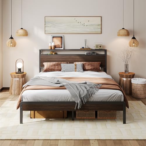 LIKIMIO Queen Bed Frame with Headboard, Dark Wood Camas Queen with Strong Supports, Sturdy, Noise-Free, No Box Spring Needed, Dark Brown
