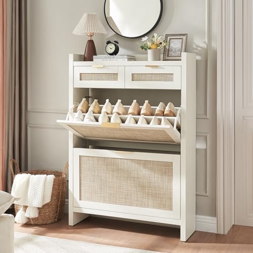 Rattan Shoe Storage Cabinet with 2 Drawers & 2 Flip Drawers – Hidden Slim Shoe Organizer for Entryway, Large Tabletop Space, Farmhouse Boho Narrow Shoe Rack, Rustic White