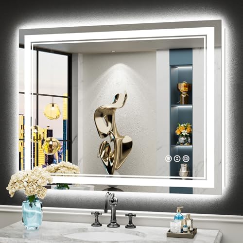 40x32 LED Mirror for Bathroom with Backlit and Front Lit, Anti-Fog Lighted Bathroom Vanity Mirror with Lights for Wall, 3 Colors, Dimmable, Memory, Shatter-Proof, HD Tempered Glass, ETL Listed