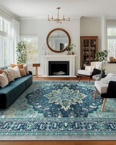 Area Rugs 8'x10' Washable Non-Slip, Floral Vintage Distress Print Pattern Medallion Carpet for Living Room Bedroom Dining Room, Teal Green Lake Blue Turquoise