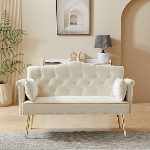 55-Inch Modern Velvet Loveseat Sofa with Gold Metal Legs & Side Pockets, Tufted Backrest, Perfect for Living Room, Bedroom, or Office (Modern Beige)
