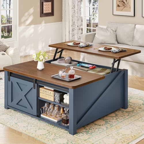 SEDETA 31.5" Lift Top Coffee Table with Storage, Square Coffee Tables for Living Room, Farmhouse Coffee Table with Large Hidden Storage Compartment and Adjustable Shelves, Blue