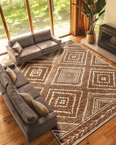 Area Rug 9x12 Rug Machine Washable Non-Slip Low Pile Print Pattern Western Rug for Living Room Bedroom Entryway Tribal Series -Yellowbrown/Cream