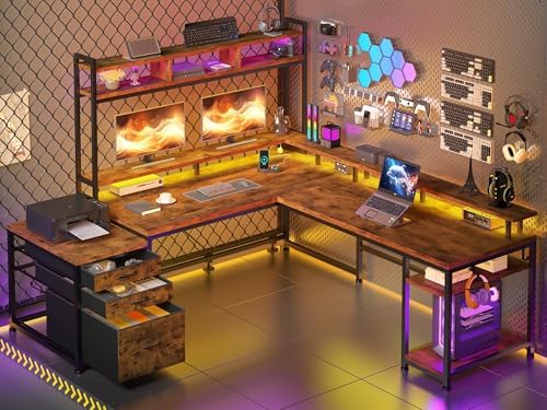 EnHomee 64 x 60 Inches L Shaped Desk with Hutch and Drawers, Gaming Desk with Power Outlet, Reversible Corner Computer Desk with Monitor Shelf, Two Person Desk with Light for Home Office, Rustic Brown