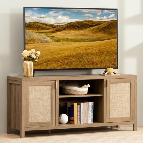 SICOTAS TV Stand for Living Room : Rattan TV Console Cabinet with Storage and Shelf, Boho Entertainment Center, 59" Media Console for 55, 65 Inch TV, 26" Tall Television Stands, Oak