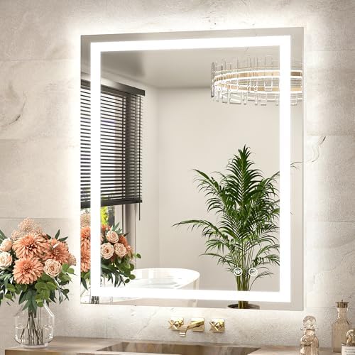 TETOTE LED Bathroom Mirror 30 x 36 Front and Backlit Lighted Bathroom Vanity Mirror with Brighter Lights 3-Color Dimmable Led Anti Fog Light up Mirror, Waterproof, Shatterproof Tempered Glass
