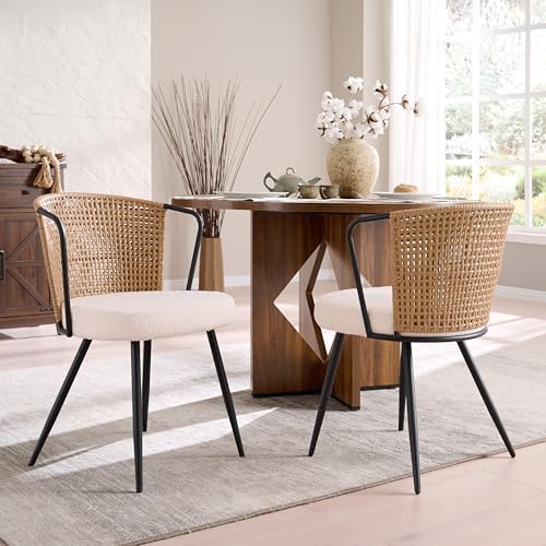 BedsPick Rattan Dining Chairs Set of 2 - Farmhouse Upholstered Cane Back Kitchen Chair with Boucle Cushion, Wingback Dining Room Seat with Metal Legs for Home, Kitchen (Brown)