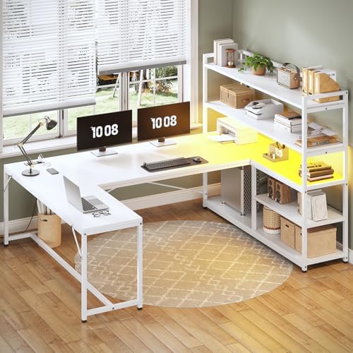 SEDETA L Shaped Computer Desk, 63” Reversible Office Desk or Corner Desk with Storage Shelves, White Gaming Desk with LED Lights, Power Outlet