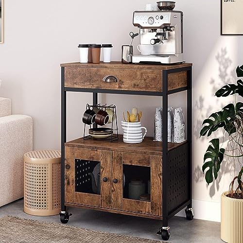 Catrimown Coffee Cart with Storage, Coffee Cart Station, Coffee Bar Cart on Wheels, Small Microwave Cart with Drawer for Kitchen, Living Room, Rustic Brown