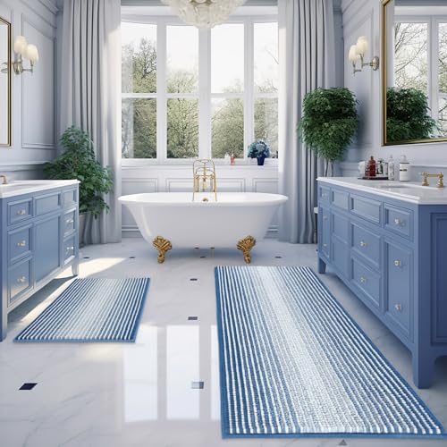 BSICPRO Bathroom Rugs and Mats Sets, 2 Piece Thick Absorbent Chenille Bath Mat Rug Set Non Slip, Soft Shaggy Bath Room Floor Mats for Bathroom, Machine Washable (Sky Blue, 20" x 47" Plus 16" x 24")