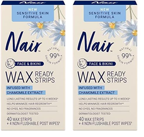 Nair Sensitive Hair Remover Wax Ready Strips, Face and Bikini Hair Removal Wax Strips, 40 Count (Pack of 2)